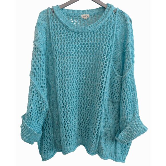 POL Open Knit Turquoise Blue Boho Oversized Beach Sweater Sz M - Picture 1 of 6